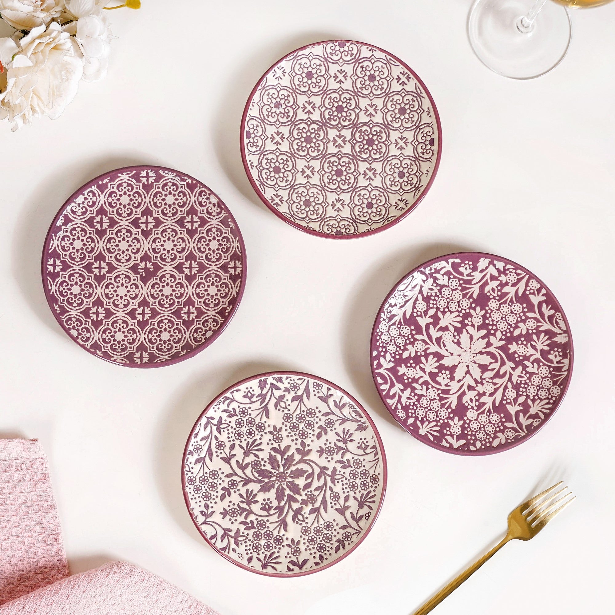 Floral Design Ceramic Dessert Plate Set Of 4 White Mauve 15cm