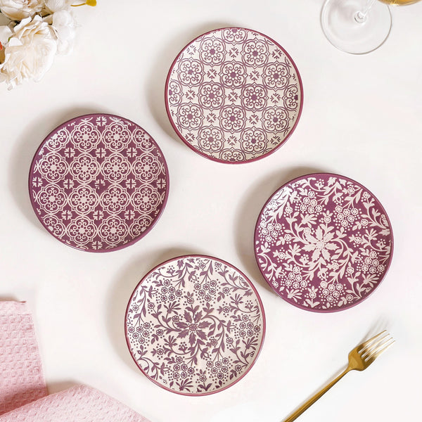 Floral Design Ceramic Dessert Plate Set Of 4 White Mauve 15cm