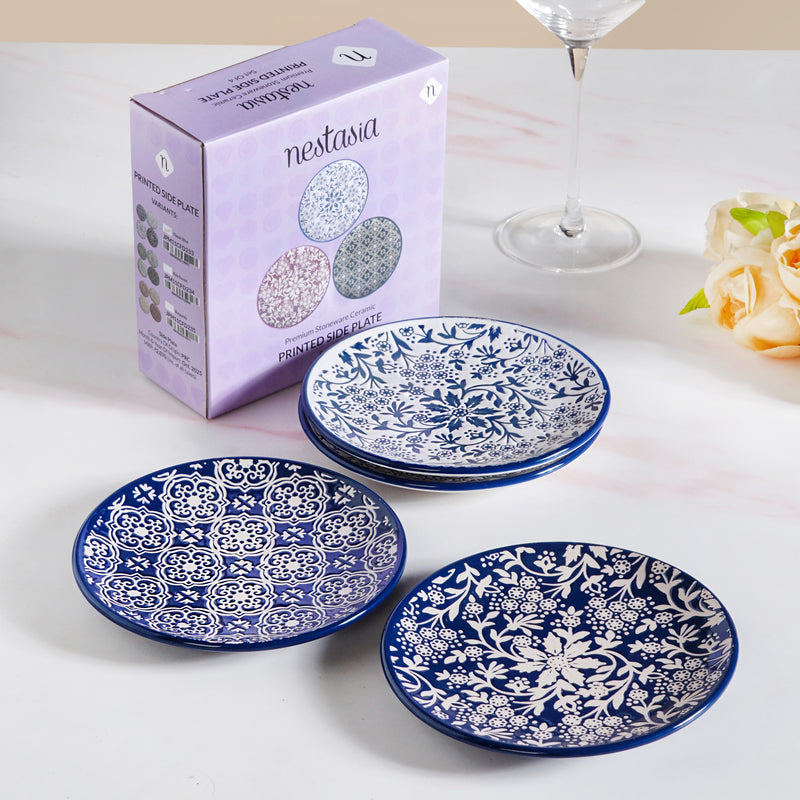Floral Design Ceramic Dessert Plates Set Of 4 White Blue 15cm