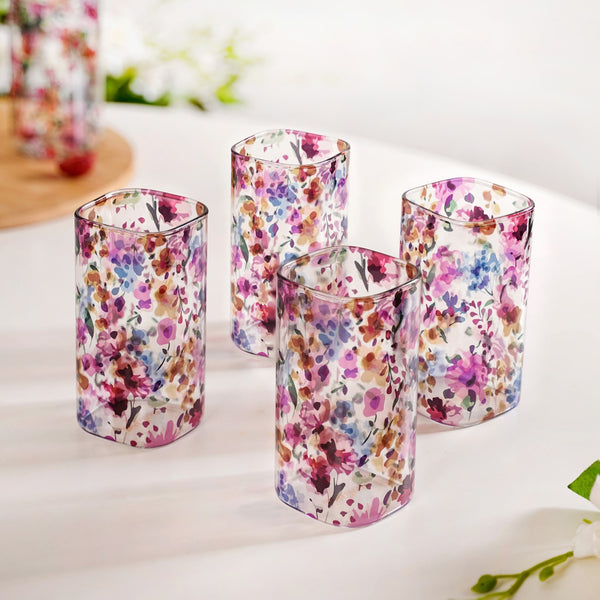 Garden Rose Printed Glass Tumbler Set Of 4 340ml