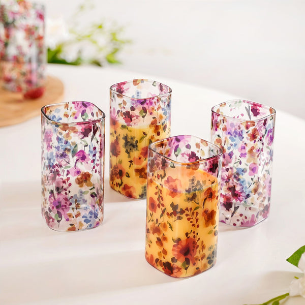 Garden Rose Printed Glass Tumbler Set Of 4 340ml