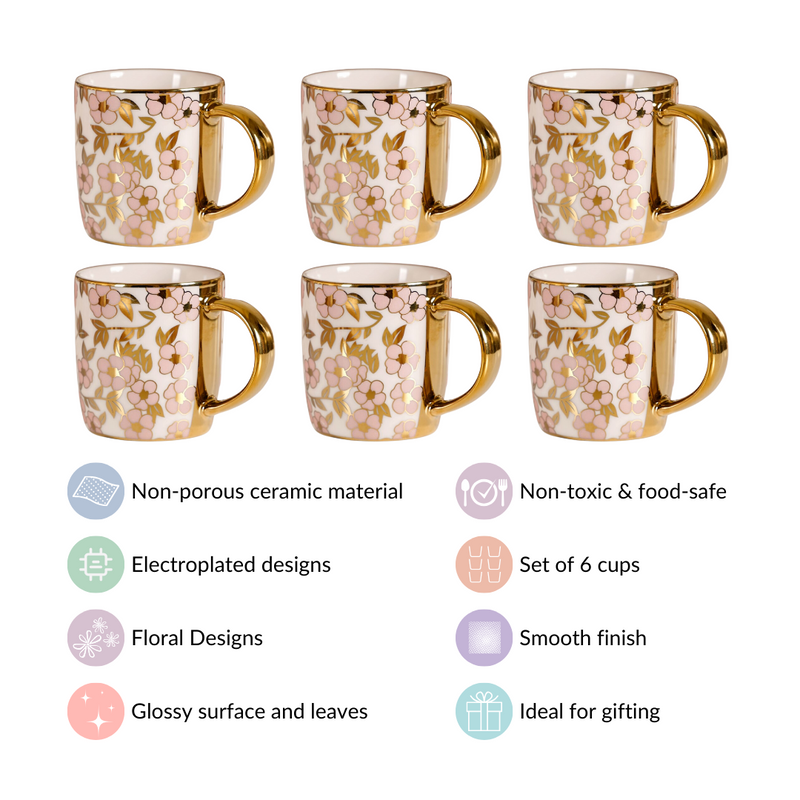 Luxury Pink Blossom Cup Set of 6 330ml - Coffee mugs, coffee mug set, ceramic coffee mugs, tea cup set, tea cups, printed mugs