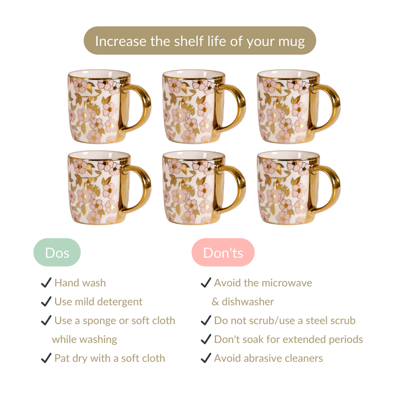 Luxury Pink Blossom Cup Set of 6 330ml - Coffee mugs, coffee mug set, ceramic coffee mugs, tea cup set, tea cups, printed mugs