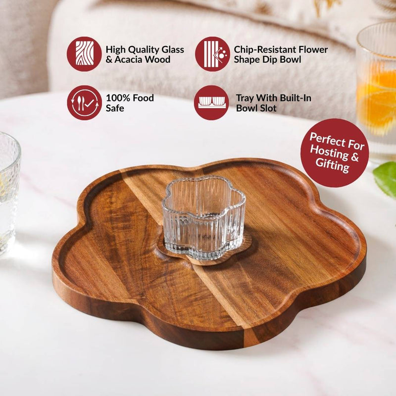 Petalia Acacia Wood Platter With Bowl Set Of 2