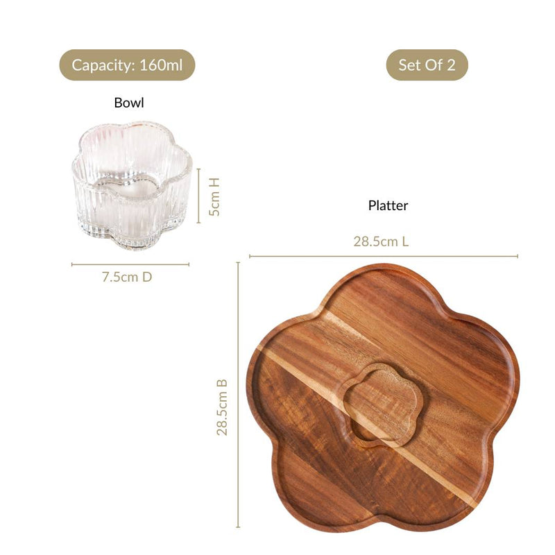 Petalia Acacia Wood Platter With Bowl Set Of 2