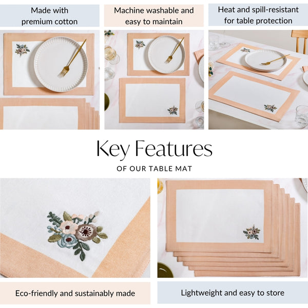 Ventosa Floral Embroidered Table Placemat Set Of 6 In Peach