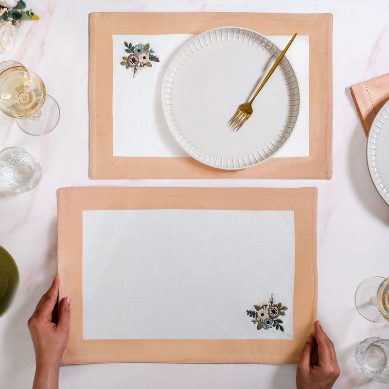 Ventosa Floral Embroidered Table Placemat Set Of 6 In Peach