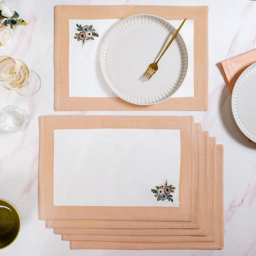 Ventosa Floral Embroidered Table Placemat Set Of 6 In Peach