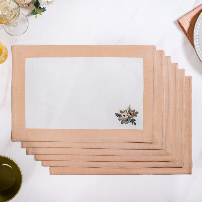 Ventosa Floral Embroidered Table Placemat Set Of 6 In Peach