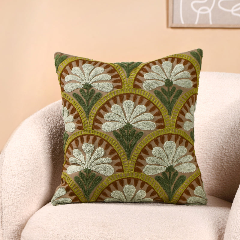 Flower Arches Embroidered Cushion Cover Green