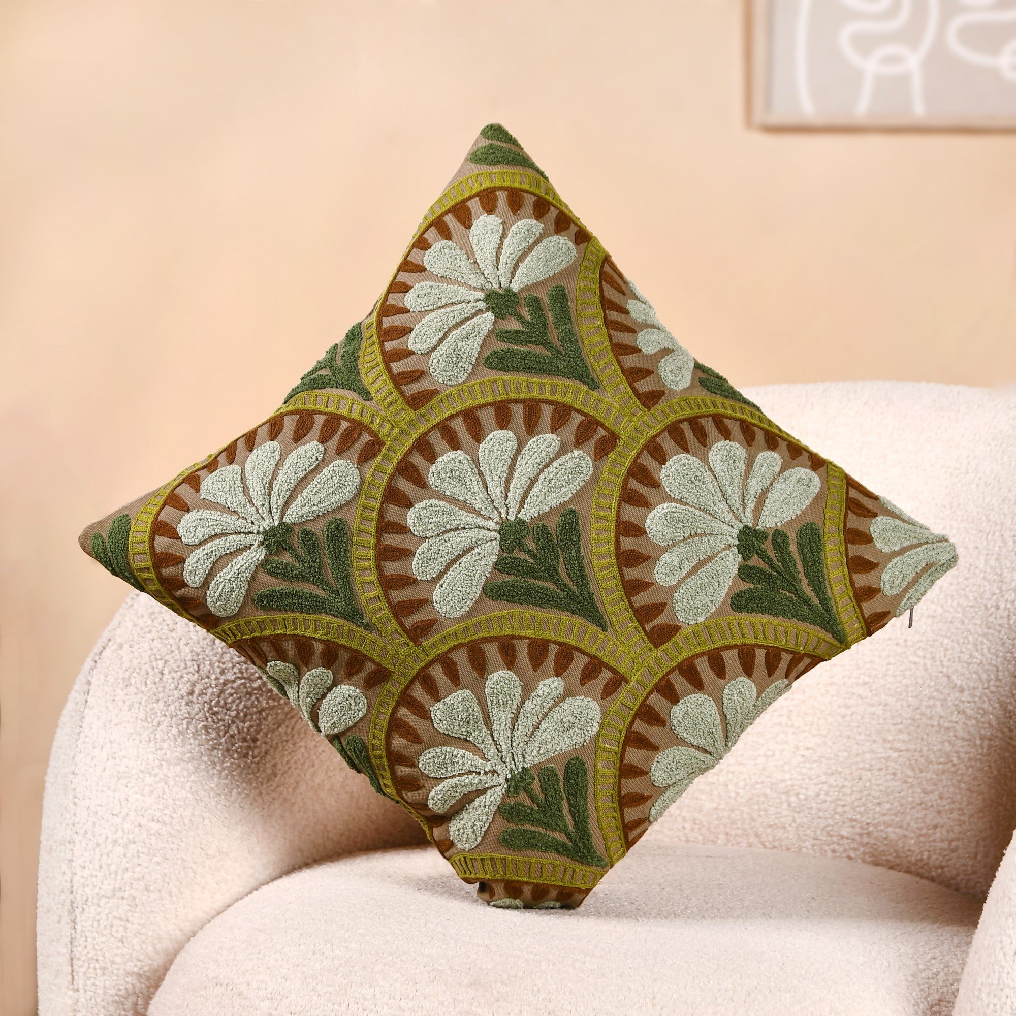 Flower Arches Embroidered Cushion Cover Green 40x40cm