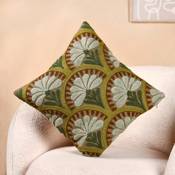 Flower Arches Embroidered Cushion Cover Green