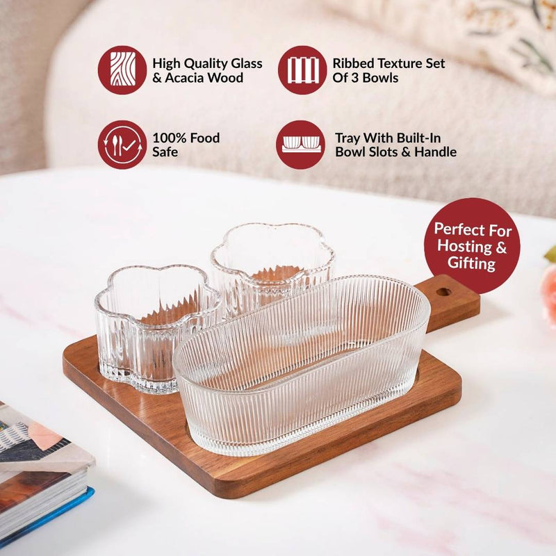 Petalia Glass And Wood Serving Platter Set Of 4