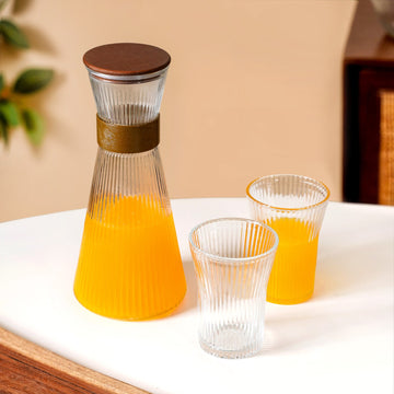 Fluted Glass Carafe Jug With 2 Tumblers