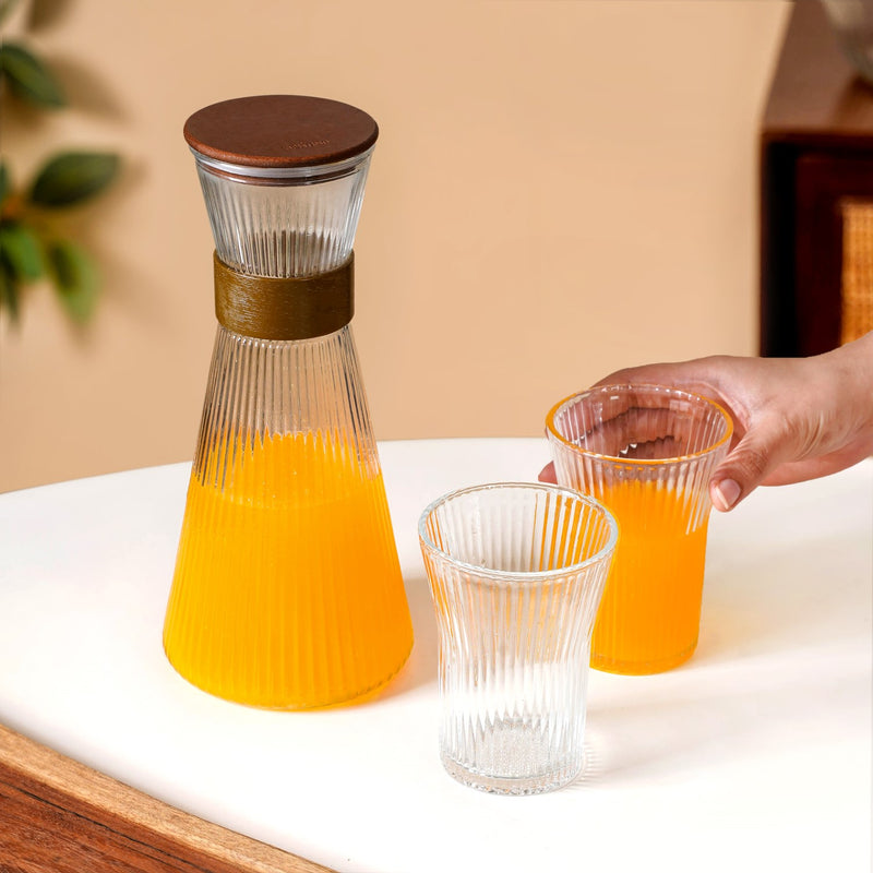Fluted Glass Carafe Jug With 2 Tumblers