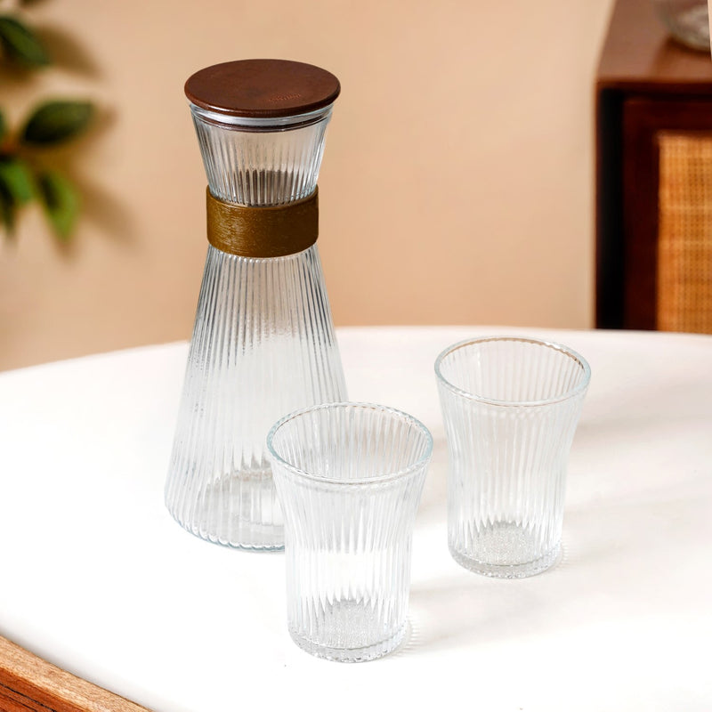 Fluted Glass Carafe Jug With 2 Tumblers
