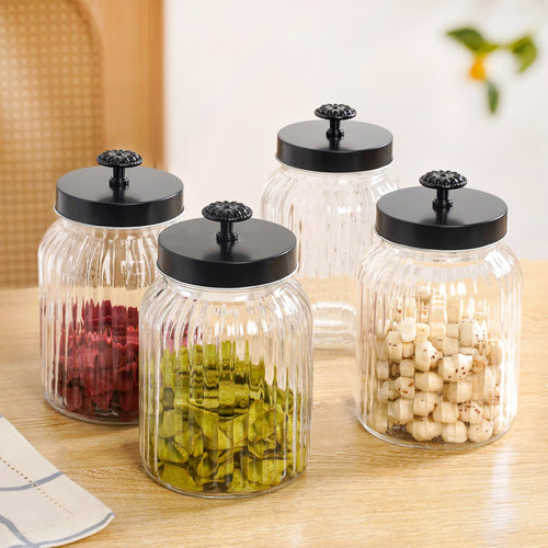 Luxe Fluted Jar With Flower Accent Lid Set Of 4 Matte Black 1000ml