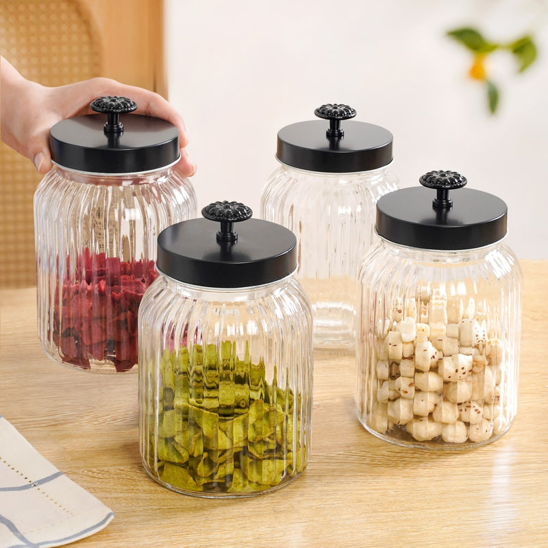 Luxe Fluted Jar With Flower Accent Lid Set Of 4 Matte Black 1000ml