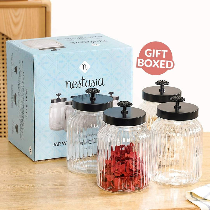 Luxe Fluted Jar With Flower Accent Lid Set Of 4 Matte Black 1000ml
