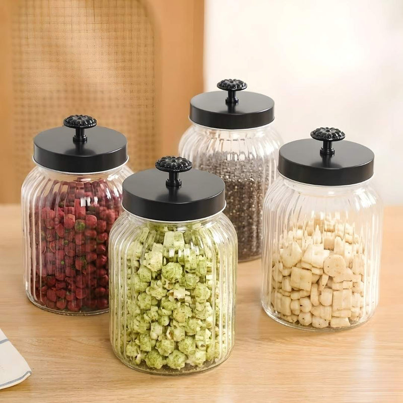 Luxe Fluted Jar With Flower Accent Lid Set Of 4 Matte Black 1000ml