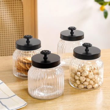 Fluted Jar With Flower Knob Lid Set Of 4 Matte Black 700ml