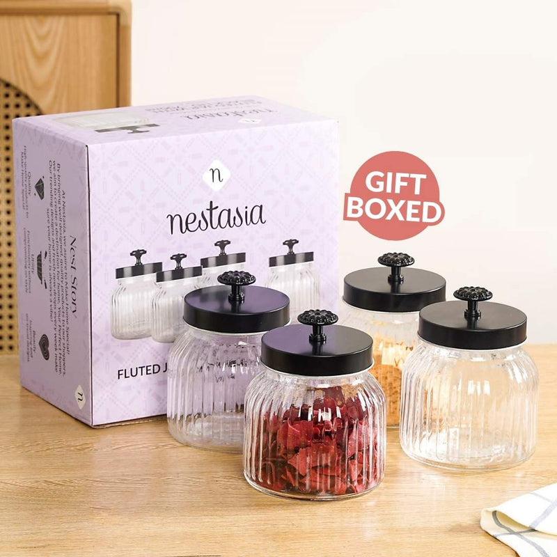 Fluted Jar With Flower Knob Lid Set Of 4 Matte Black 700ml