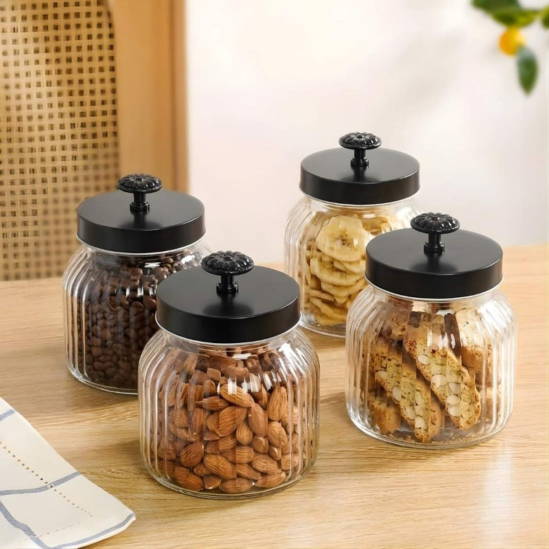 Fluted Jar With Flower Knob Lid Set Of 4 Matte Black 700ml