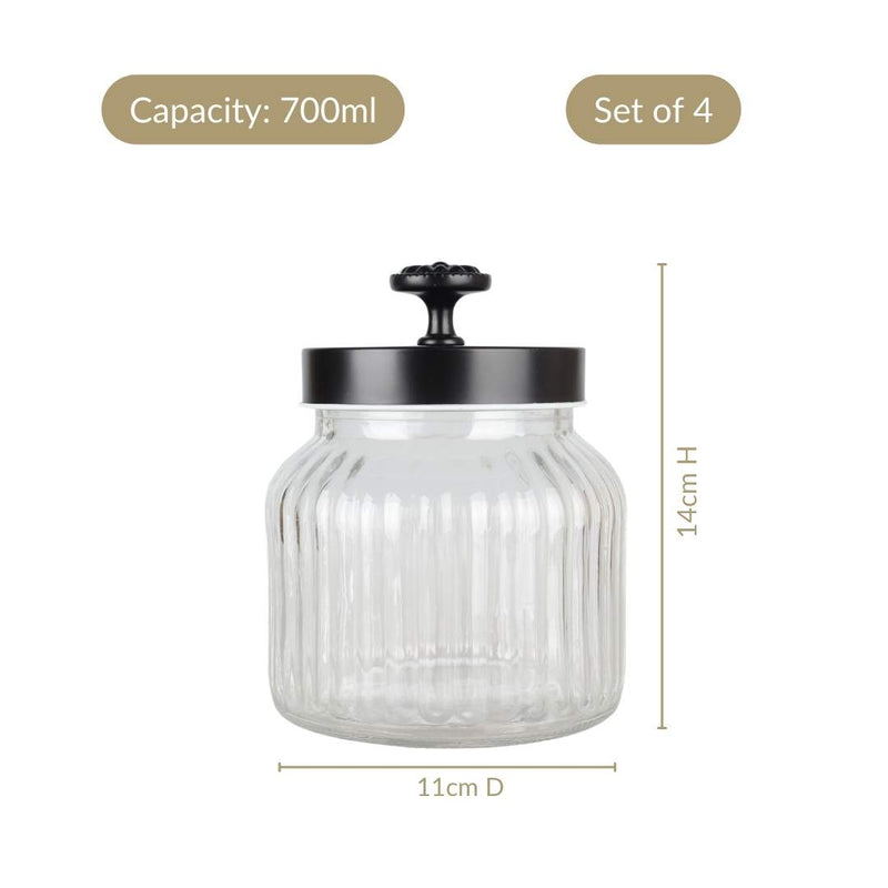 Fluted Jar With Flower Knob Lid Set Of 4 Matte Black 700ml