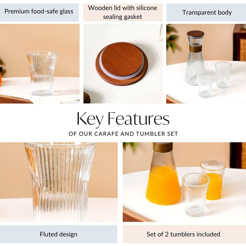 Fluted Glass Carafe Jug With 2 Tumblers