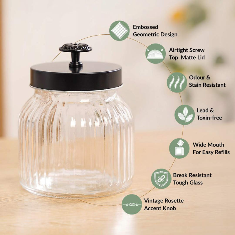 Fluted Jar With Flower Knob Lid Set Of 4 Matte Black 700ml