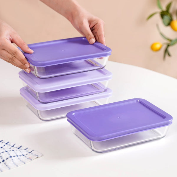 Set Of 4 Shallow Borosilicate Glass Food Storage Container 800ml