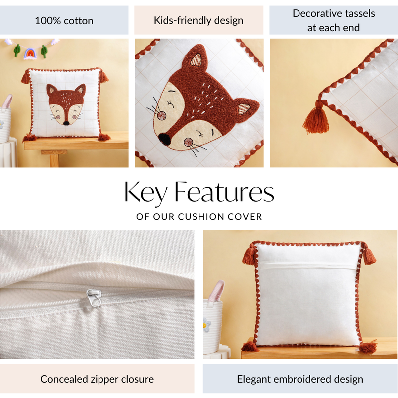 Fox Embroidered Cotton Kids Cushion Cover 42x42cm