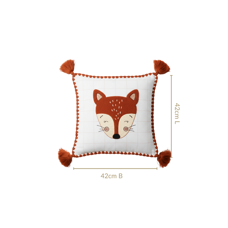 Fox Embroidered Cotton Kids Cushion Cover 42x42cm