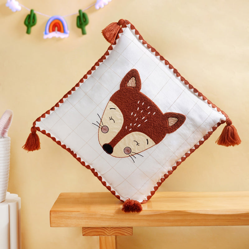 Fox Embroidered Cotton Kids Cushion Cover 42x42cm