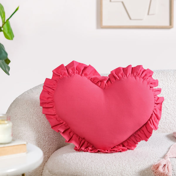 Frilly Heart Cotton Cushion Dark Pink