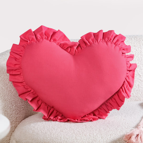 Frilly Heart Cotton Cushion Dark Pink 43x38cm