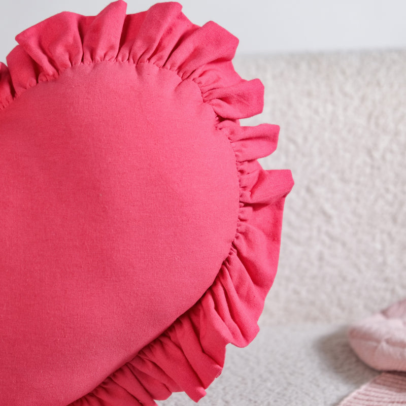 Frilly Heart Cotton Cushion Dark Pink