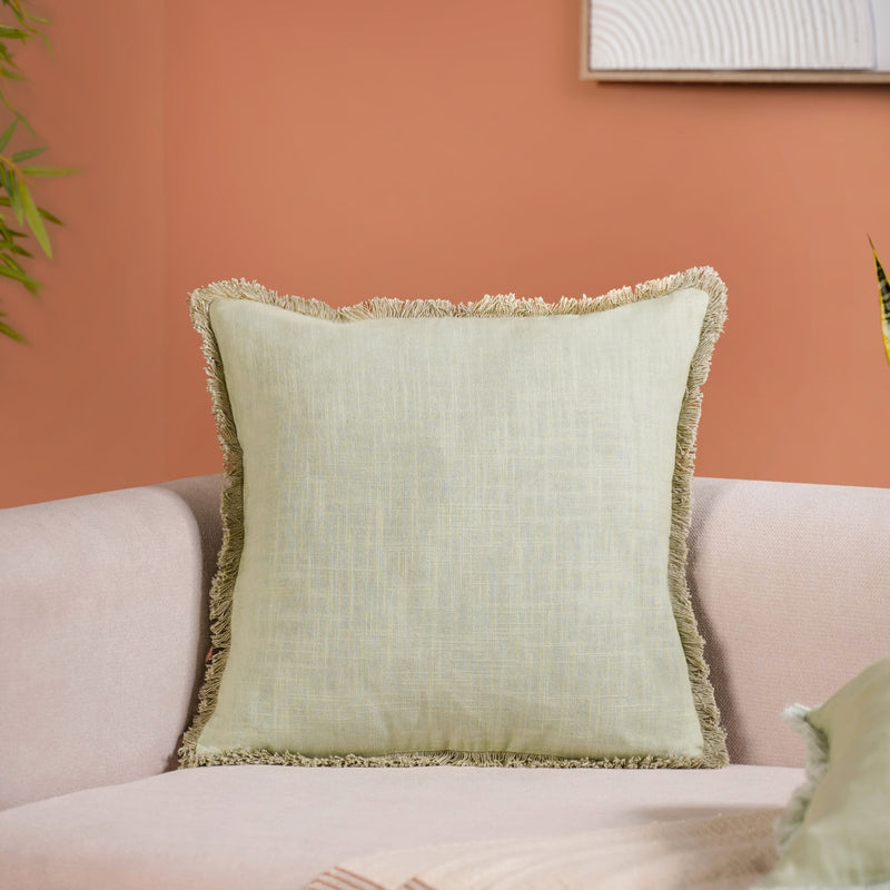 Fringe Cotton Cushion Cover Set Of 2 Green