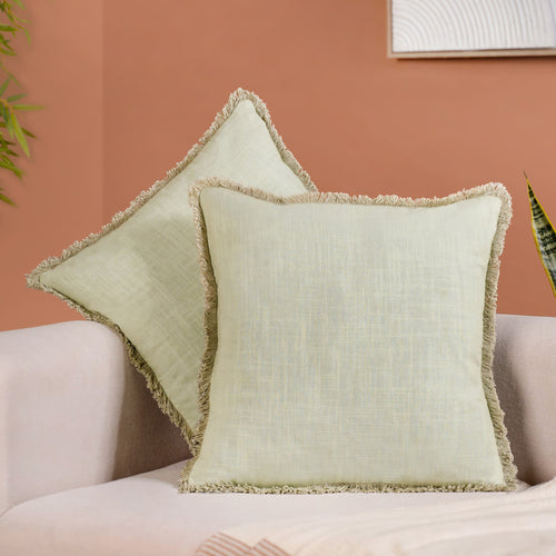 Fringe Cotton Cushion Cover Set Of 2 Green