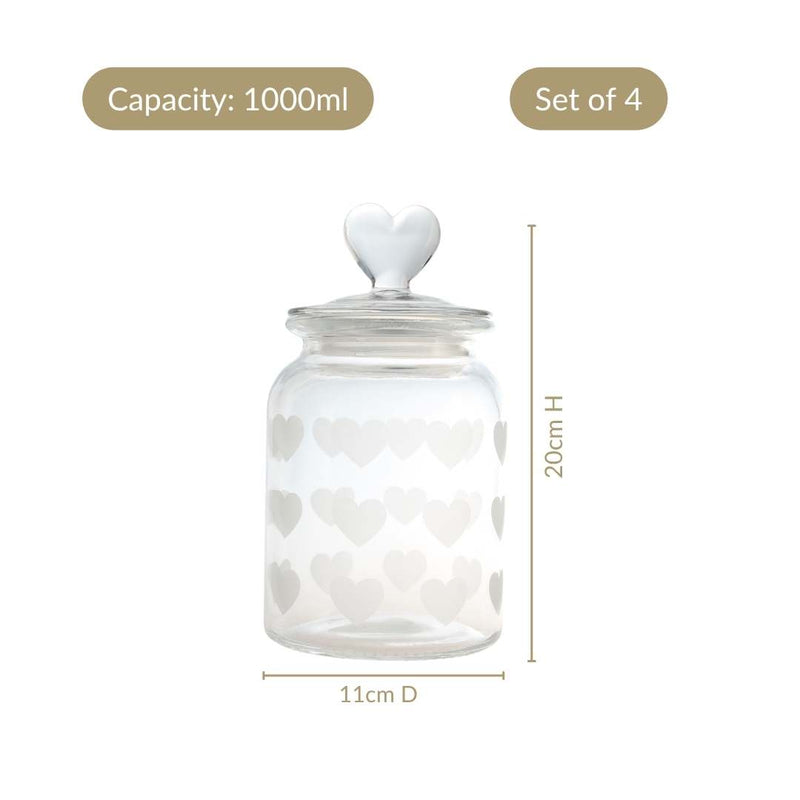 Glass Heart Knob Jar Set Of 4 1000ml