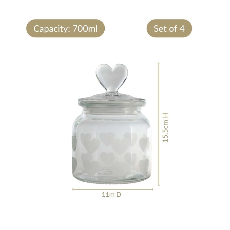 Glass Heart Knob Jar Set Of 4 700ml