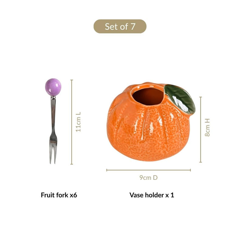 Orange Fruit Fork Set With Ceramic Holder Set Of 7