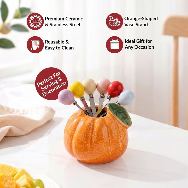 Orange Fruit Fork Set With Ceramic Holder Set Of 7