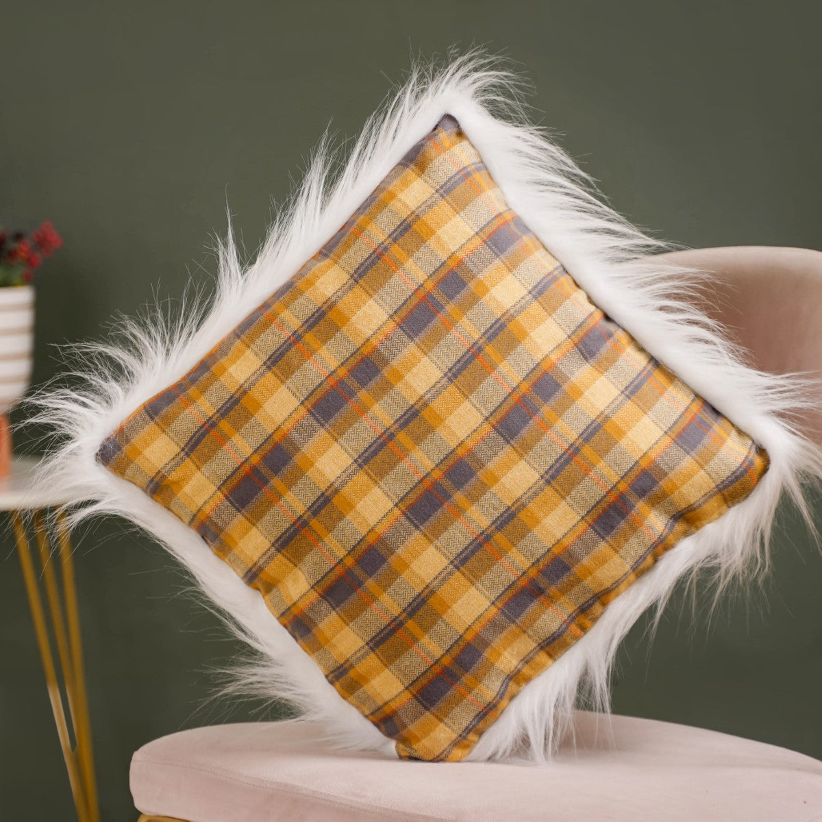 Plaid Fur Double Sided Cushion Cover 16x16 Inch Online Premium Cushion Cover Nestasia