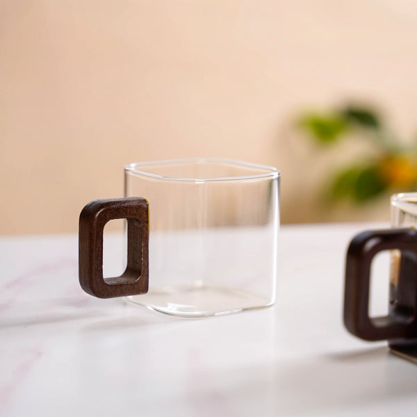 Fusion Square Glass Cups With Wooden Handle Set Of 4 200ml
