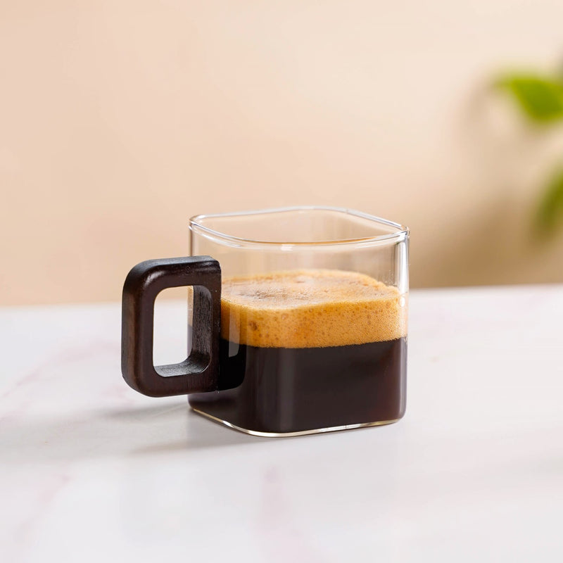Fusion Square Glass Cups With Wooden Handle Set Of 4 200ml