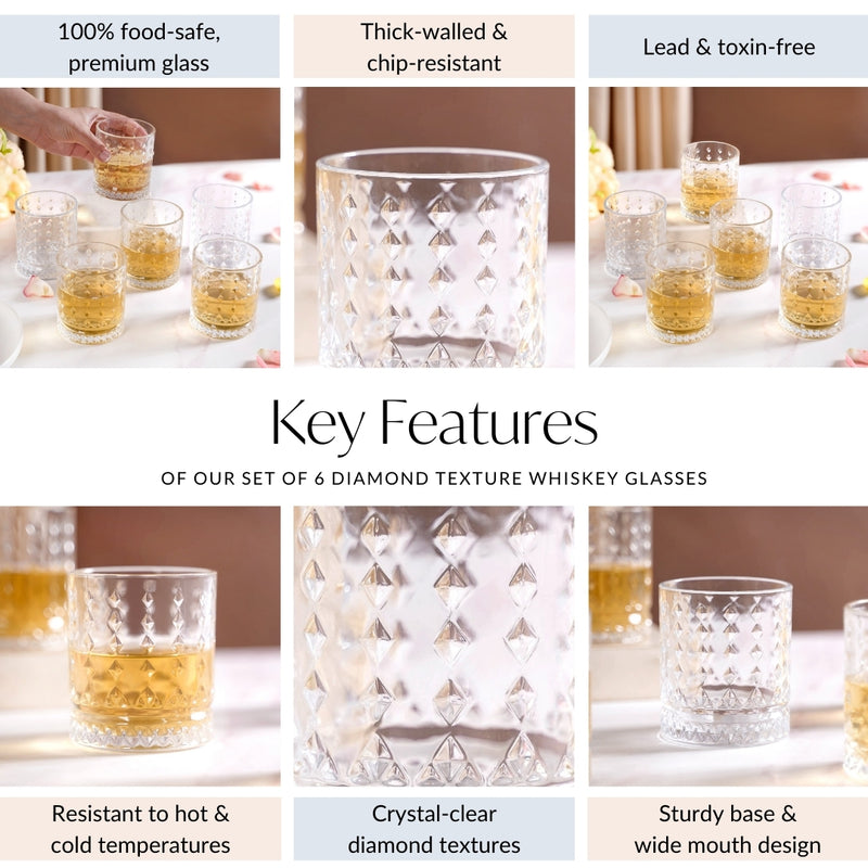 Diamond Embossed Whiskey Glasses Set Of 6 220ml