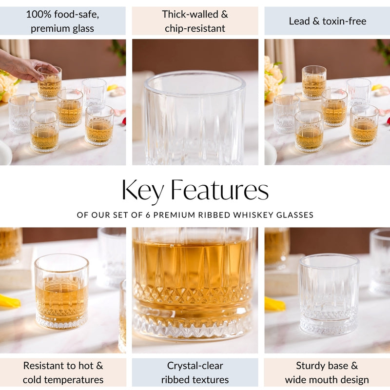 Set Of 6 Premium Ribbed Whiskey Glasses 220ml