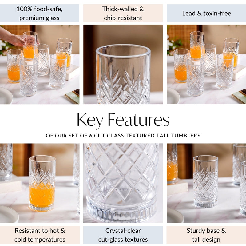 Textured Glass Tall Tumblers Set Of 6 466ml