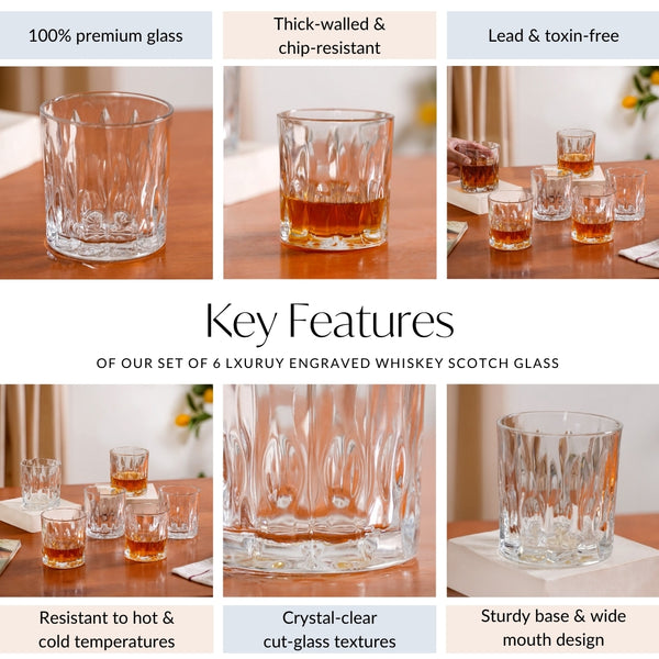 Set Of 6 Luxury Engraved Whiskey Scotch Glass 230ml